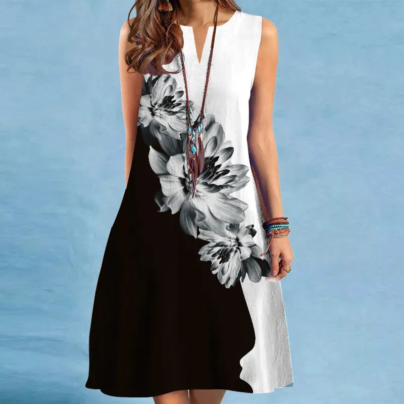 Sleeveless Floral Print Swing Dress with Wide Waist