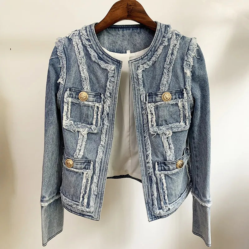 Denim Jacket with Fringe Stitching and Lion Head Buckle