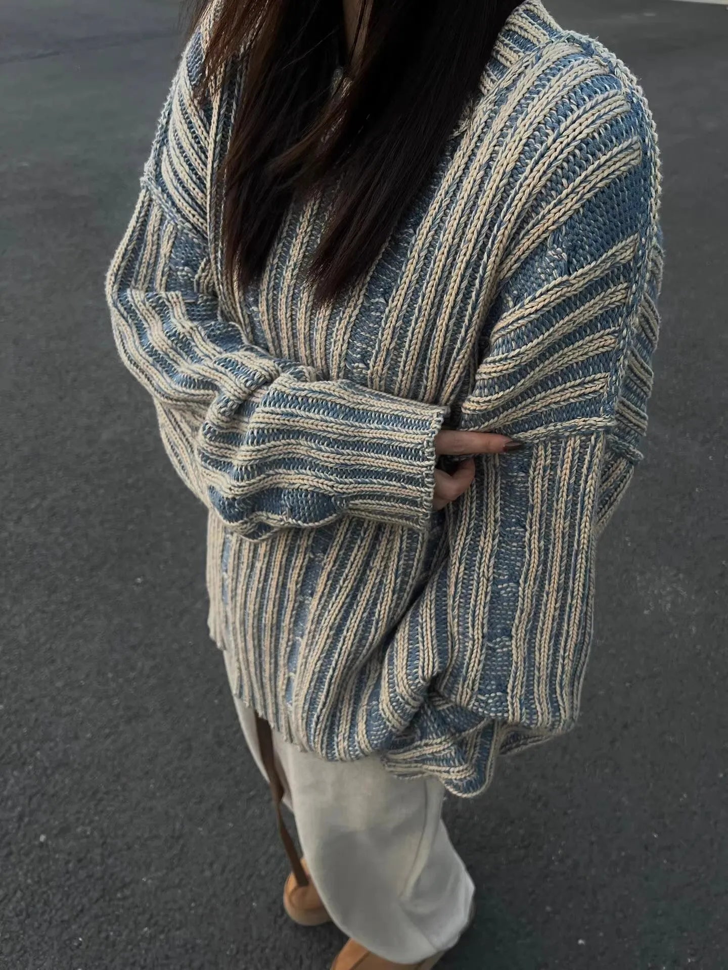 Women's Vintage Stripe Contrast Color Sweater – Loose-Fit Mid-Length Pullover for Japanese & Korean Casual Style