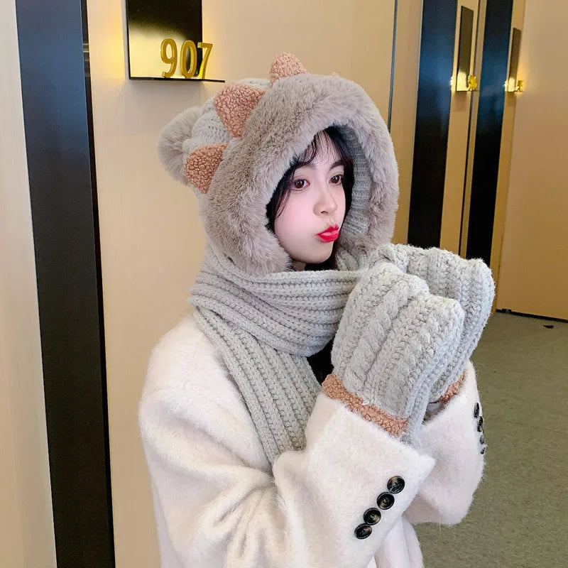 Winter Knitted Wool Scarf, Hat, & Gloves Set Cozy Imitation Rabbit Hair for Women