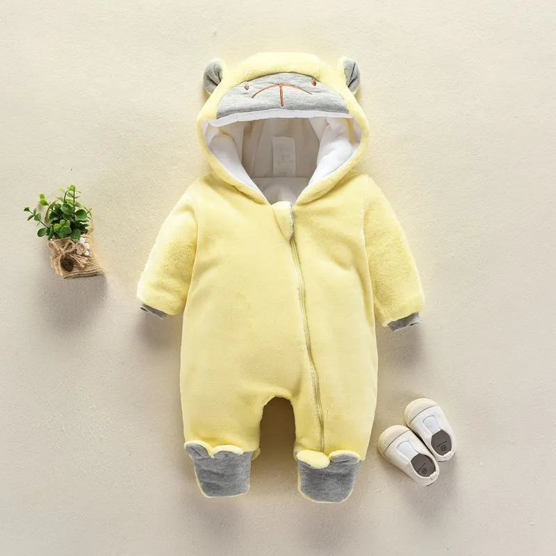 Autumn and Winter Newborn Climbing Suit Cozy Hooded Flannel Romper for Babies