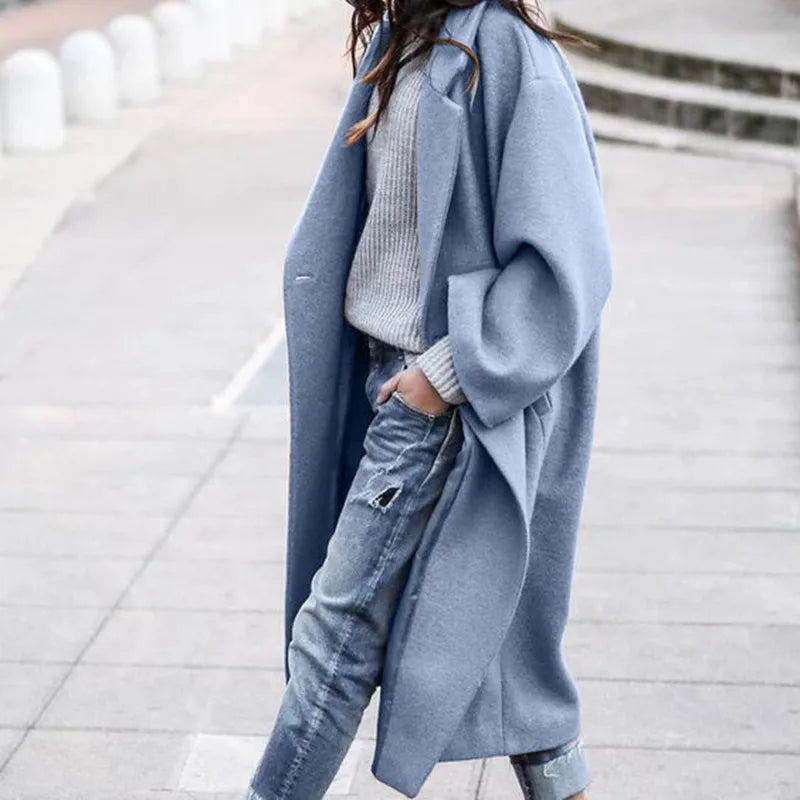 Casual Long Jacket with Pockets Women’s Solid Color Woolen Coat for Winter