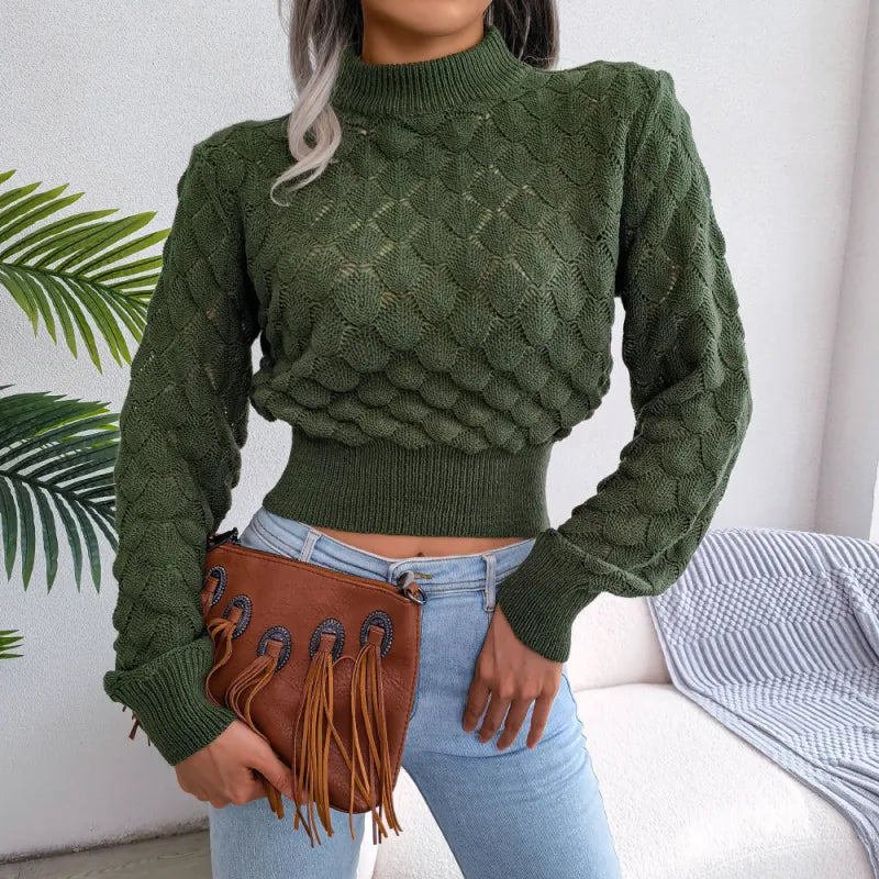 Women's 3D Diamond Hollow Knitted Navel Sweater – Long-Sleeve Stylish Acrylic Top