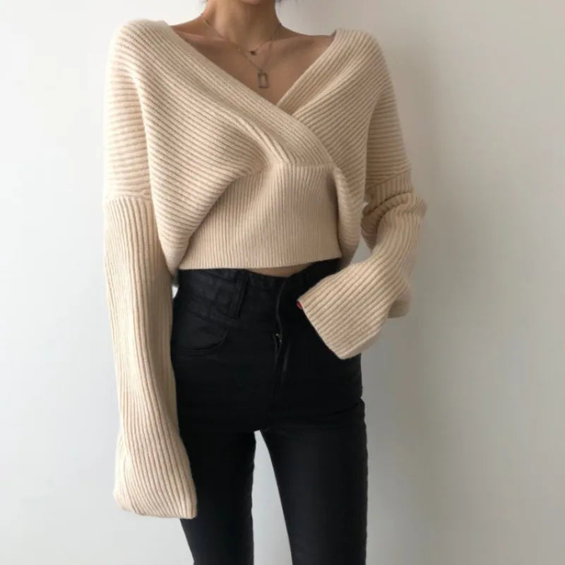 Women’s Cross V-Neck Pullover Sweater – Warm and Stylish Knitted Long Sleeve Top