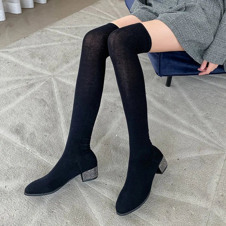 Women’s Thigh-High Stretch Rhinestone Sock Boots – Chic Over-the-Knee Style