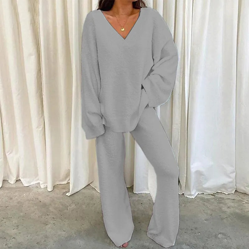 Comfortable Solid Color V-Neck Two-Piece Set Casual Daily Home Warmer