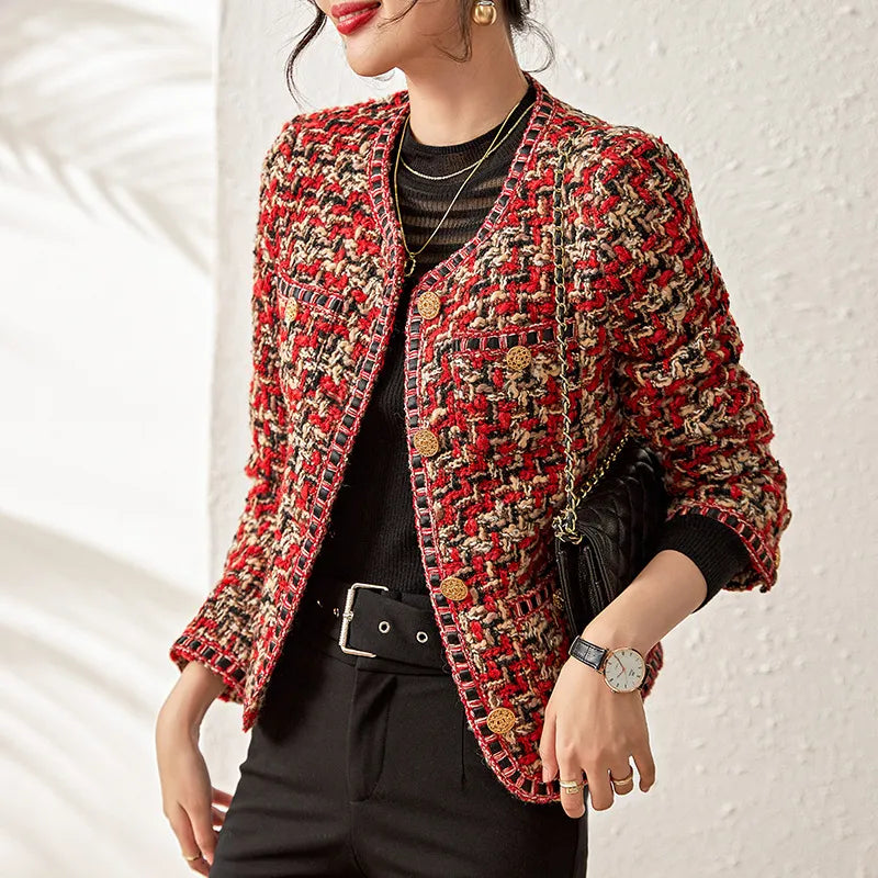 Women's Celebrity-Style Red Tweed Short Jacket – Elegant Round Neck Design for Chic Outfits