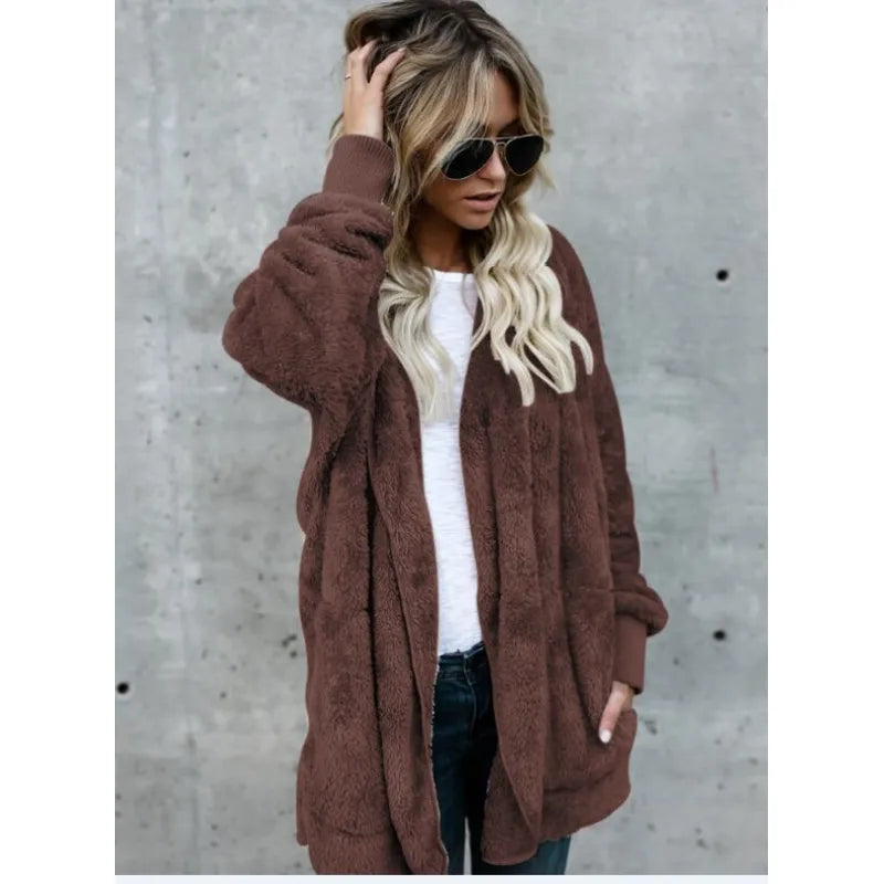 Mid-Length Hooded Fleece Coat – Double-Sided Anti-Fur Winter Cardigan for Women