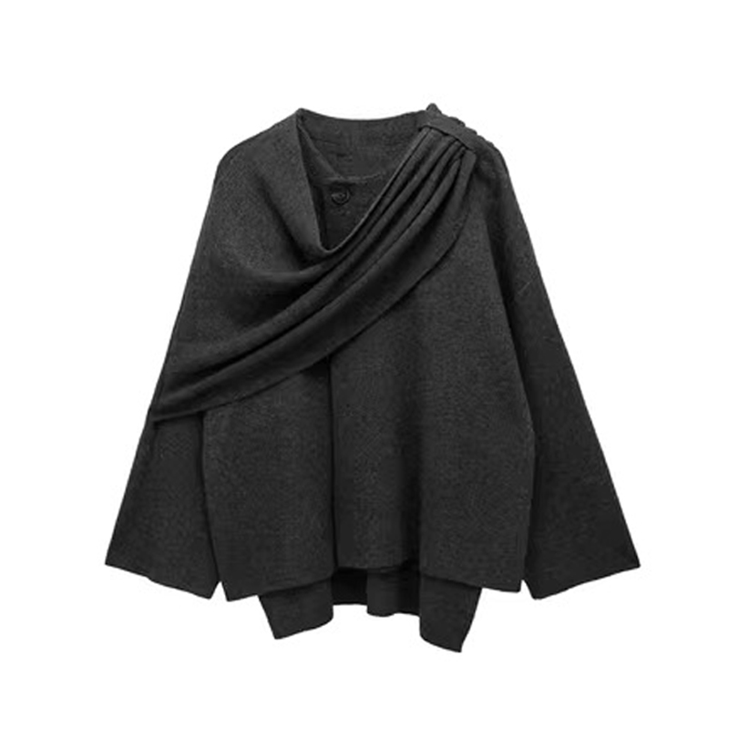 Solid Knitted Cardigan with Asymmetrical Scarf Design - Fashion Short Coat