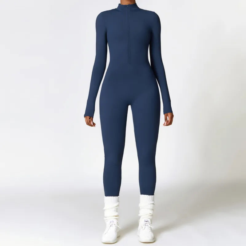 Winter Fleece-Lined Yoga Jumpsuit – Long Sleeve Warm Bodysuit for Women