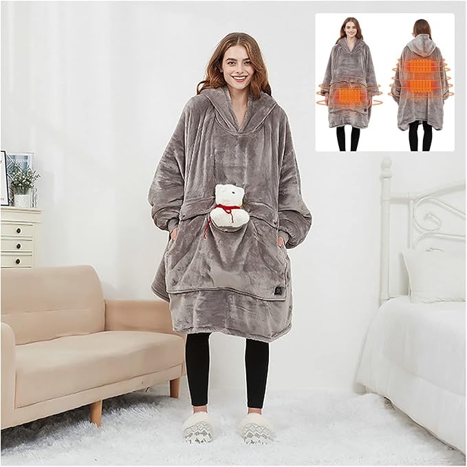 USB Heated Wearable Blanket Hoodie Oversized Sherpa Hoodie with Large Heating Area