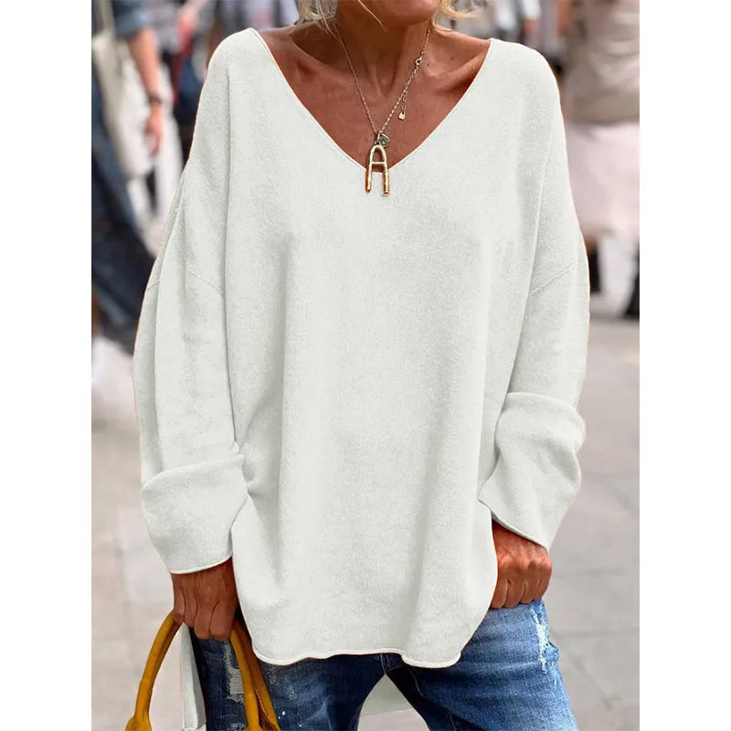 Women's Solid Color V-Neck Long Sleeve Loose Casual Top