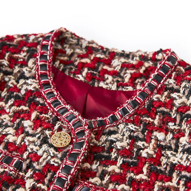 Women's Celebrity-Style Red Tweed Short Jacket – Elegant Round Neck Design for Chic Outfits