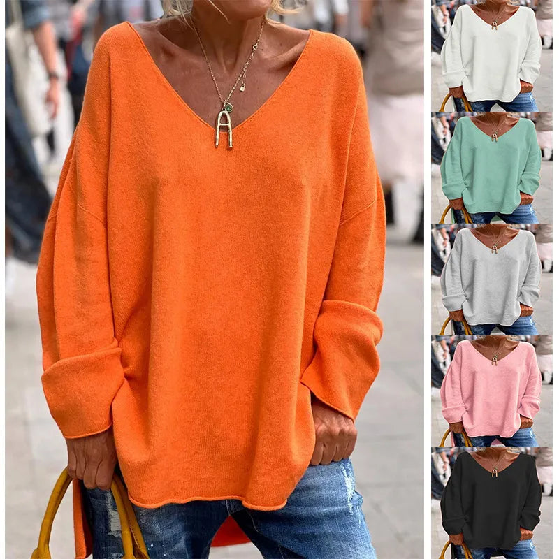 Women's Solid Color V-Neck Long Sleeve Loose Casual Top