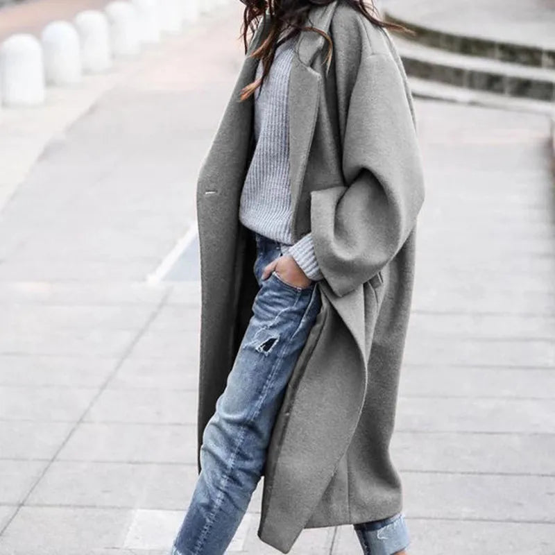 Casual Long Jacket with Pockets Women’s Solid Color Woolen Coat for Winter