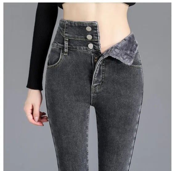 Women's High-Waist Straight Jeans with Plush Fleece Lining – Trendy and Warm Winter Denim