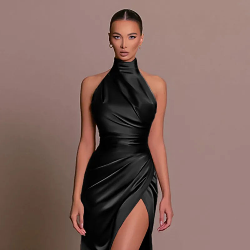 Elegant Halter Sleeveless High-Slit Gown with Stand Collar