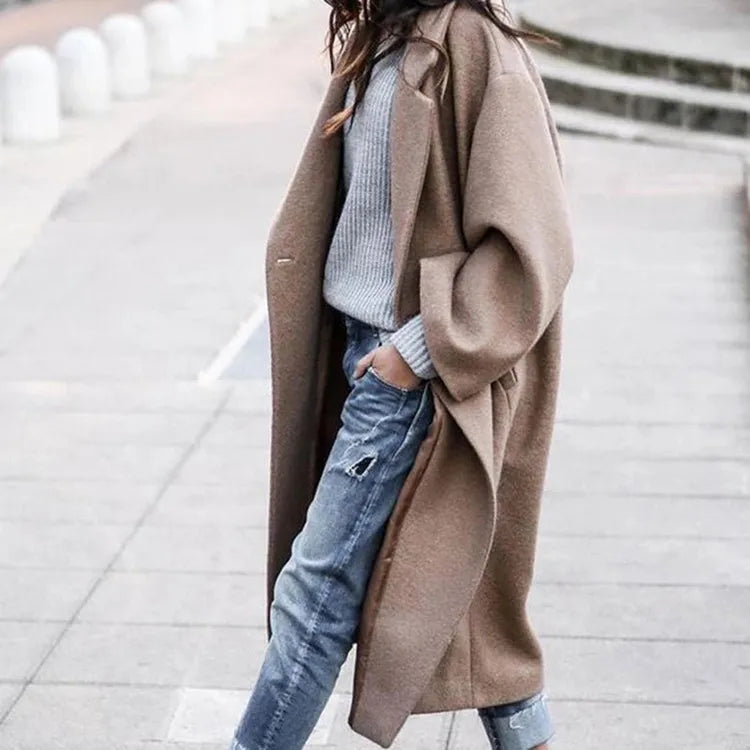 Casual Long Jacket with Pockets Women’s Solid Color Woolen Coat for Winter