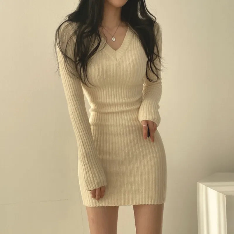 Women's V-Neck Knitted Sweater with Hip Wrap Skirt