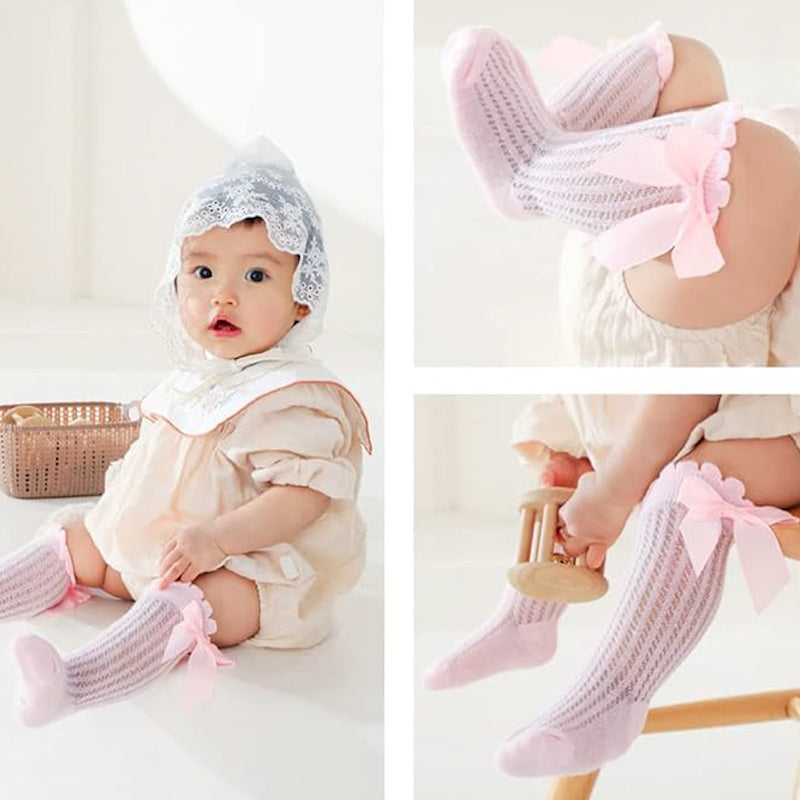 Cute Baby and Toddler Bow Knee-High Socks – Soft Cotton Mesh Design for Girls 2 pairs