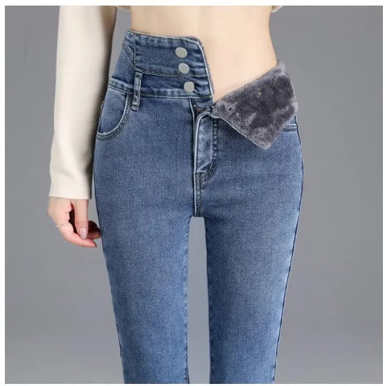 Women's High-Waist Straight Jeans with Plush Fleece Lining – Trendy and Warm Winter Denim