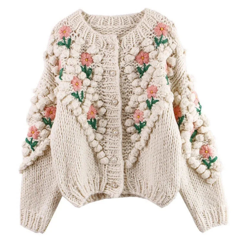 Women's Flower Embroidery Wool Sweater Coat