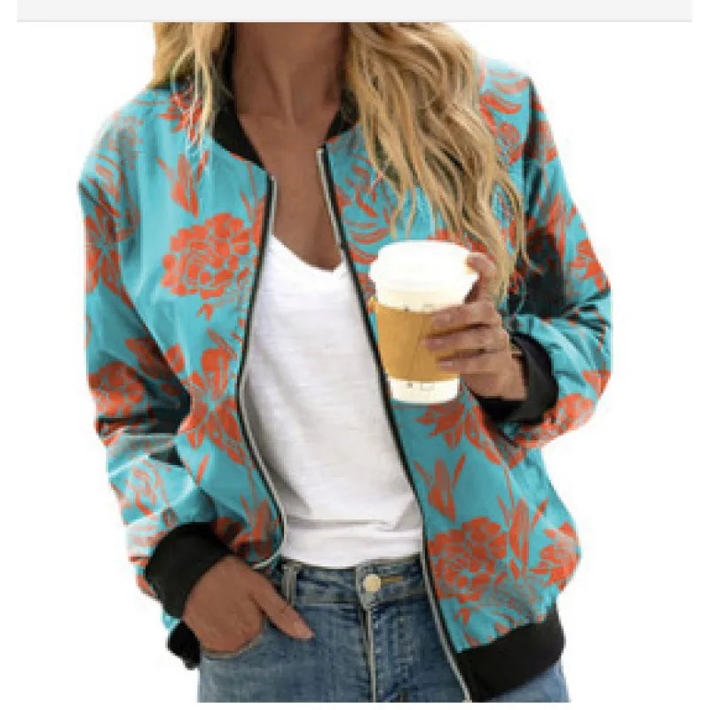 Women's Bird Print Long Sleeve Zipper Jacket – Stylish Slim-Fit Polyester Coat