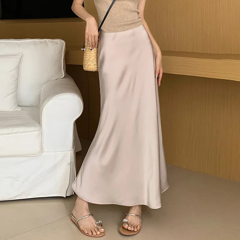 French-Style Vintage Satin Fishtail Skirt – Elegant A-Line Sheath Long Skirt for Women