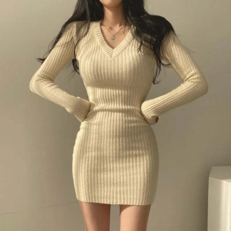 Women's V-Neck Knitted Sweater with Hip Wrap Skirt