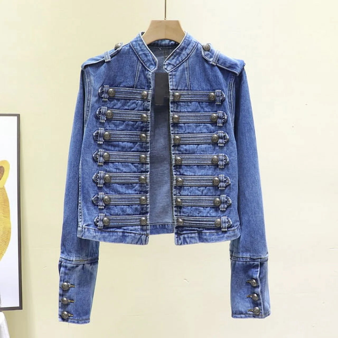 Handsome Military-Style Double-Breasted Stitching Short Denim Jacket