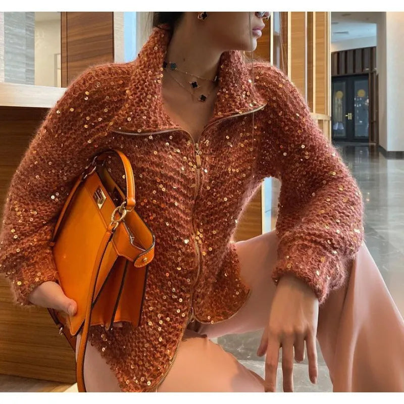 Western Classy Style Fashion Sequin Knitwear Coat – Gradient Pullover for a Chic Look