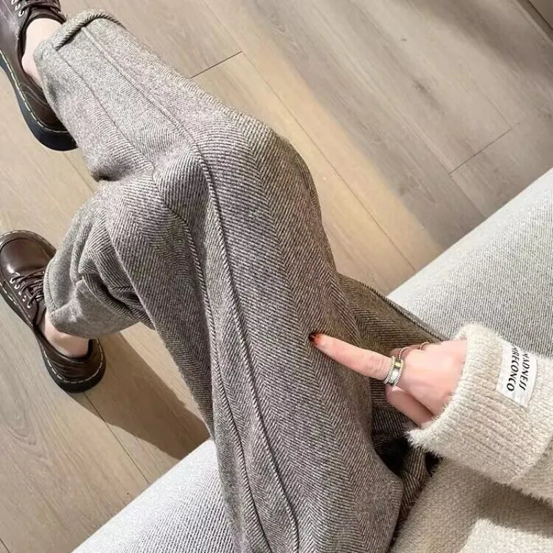 Women's High-Waist Woolen Cigarette Pants – Thickened Cropped Pants for Autumn and Winter