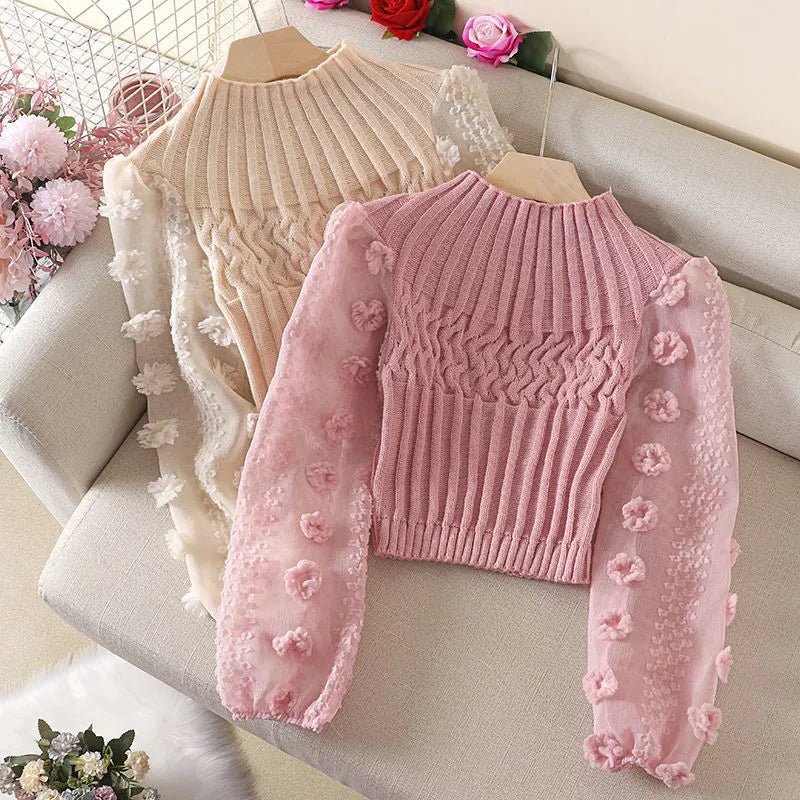 Women's Net Yarn Stitching Round Neck Slim-Fit Short Sweater