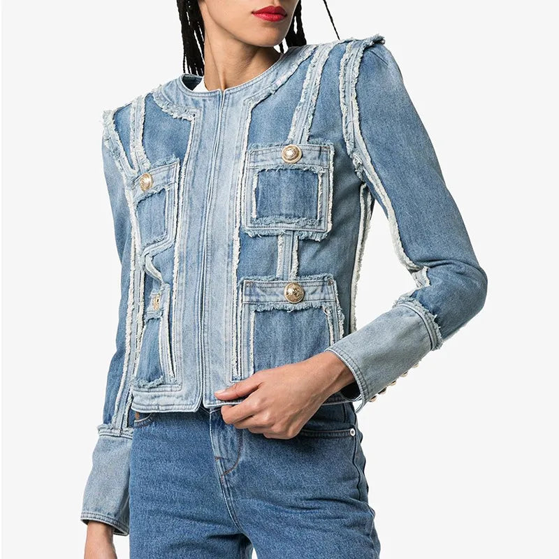 Denim Jacket with Fringe Stitching and Lion Head Buckle