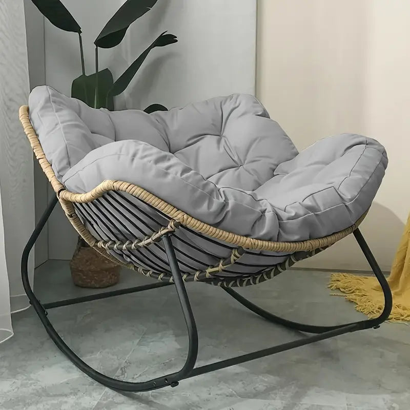 Outdoor & Indoor Oversized Wicker Egg Rocking Chair – Modern Comfy Patio Rocker with Thick Cushion for Garden, Porch, and Balcony