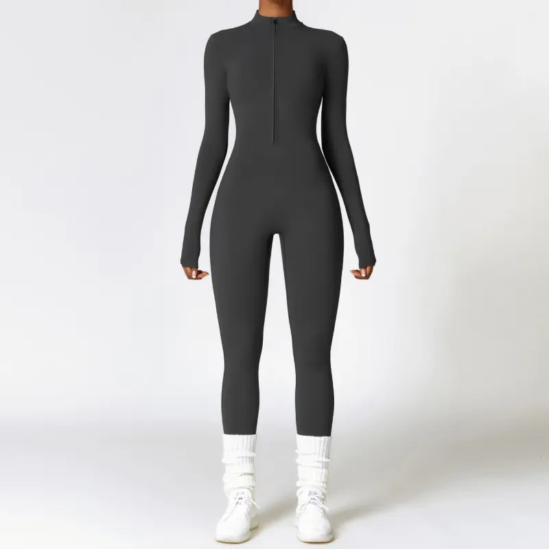 Winter Fleece-Lined Yoga Jumpsuit – Long Sleeve Warm Bodysuit for Women