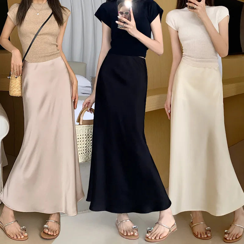 French-Style Vintage Satin Fishtail Skirt – Elegant A-Line Sheath Long Skirt for Women