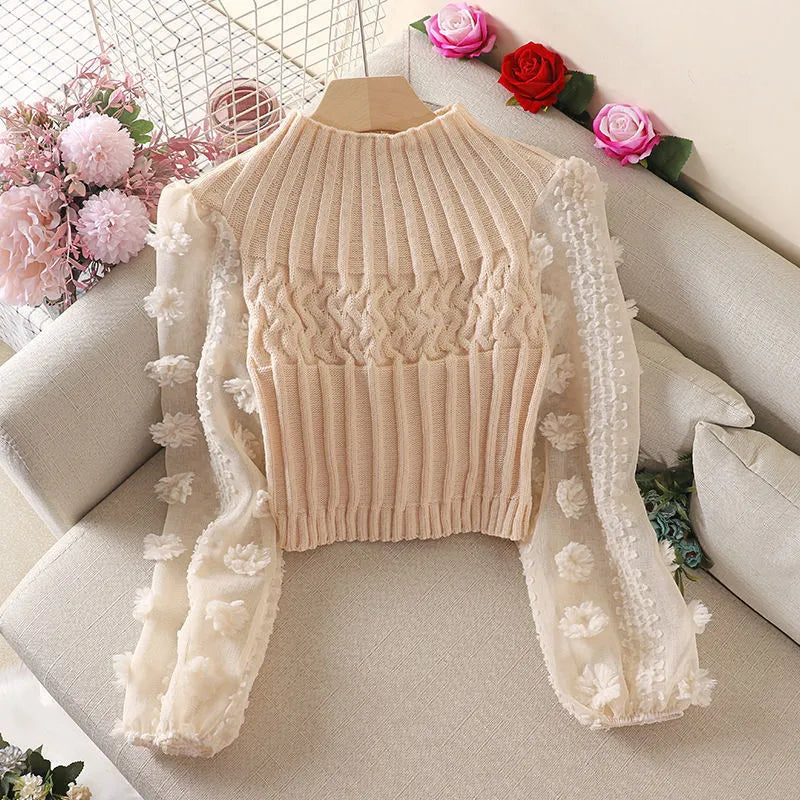 Women's Net Yarn Stitching Round Neck Slim-Fit Short Sweater