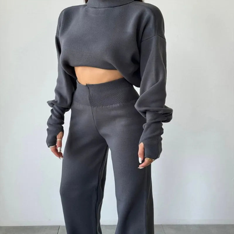 Autumn & Winter Turtleneck Loose Long Sleeve Top and Casual Trousers Set