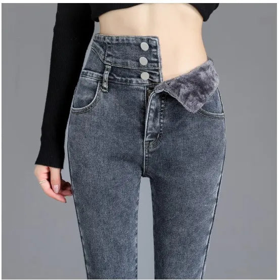 Women's High-Waist Straight Jeans with Plush Fleece Lining – Trendy and Warm Winter Denim