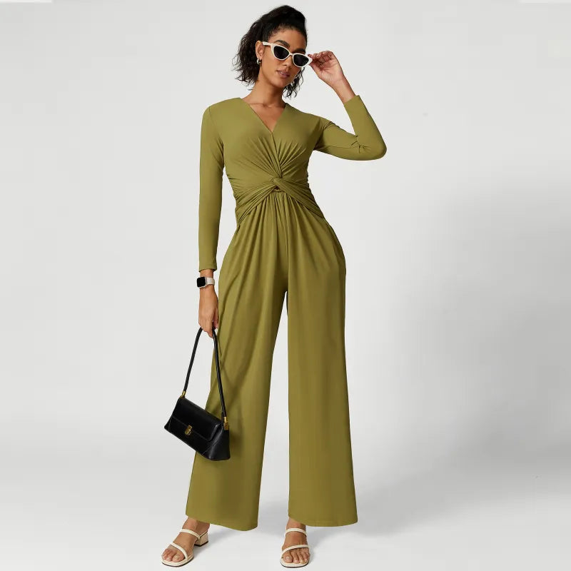 Women's V-Neck Pleated High-Slit Yoga Dress - Elegant Backless Stretch Jumpsuit for Activewear & Casual Wear