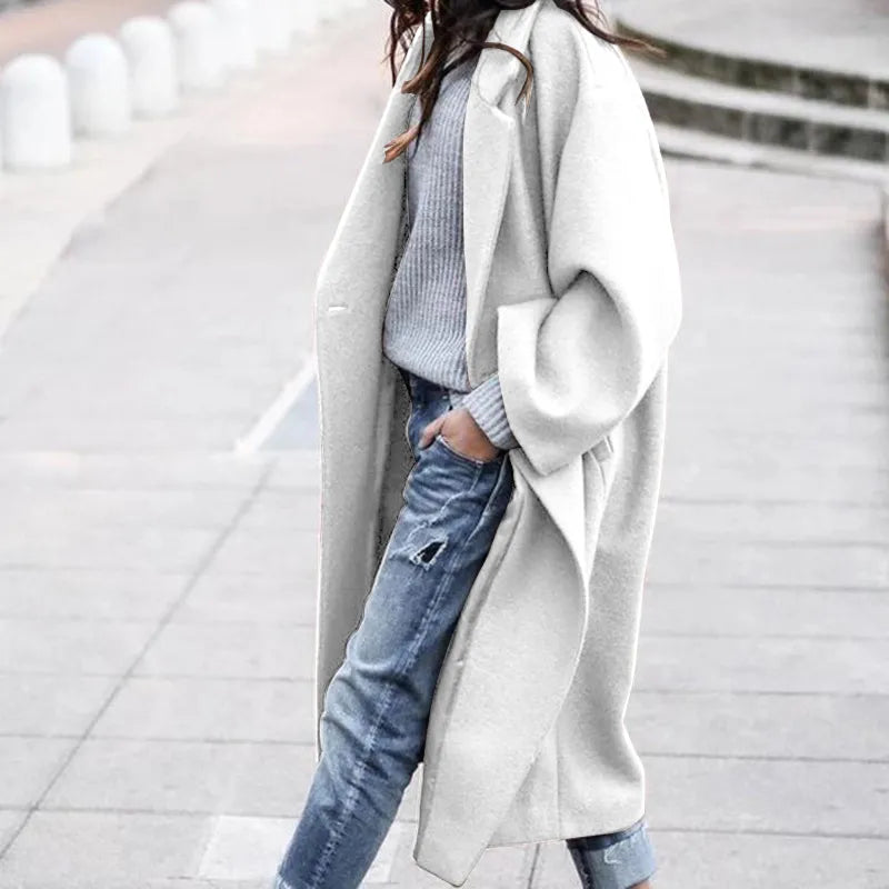 Casual Long Jacket with Pockets Women’s Solid Color Woolen Coat for Winter