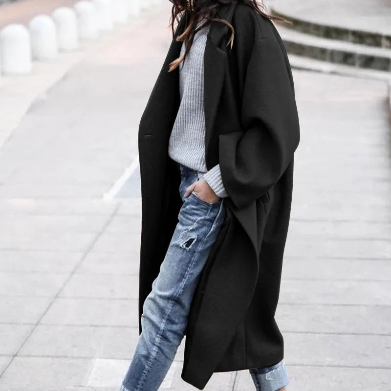 Casual Long Jacket with Pockets Women’s Solid Color Woolen Coat for Winter