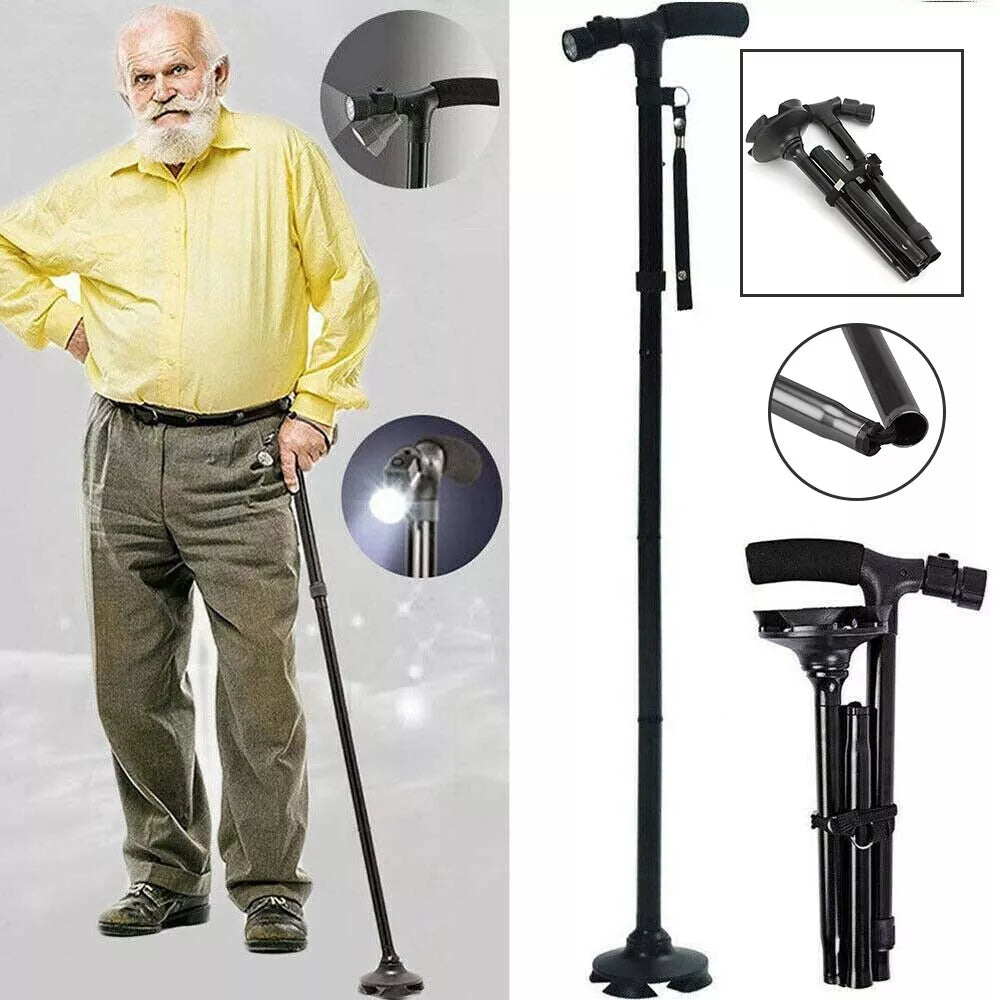 Adjustable LED Folding Walking Cane with Ergonomic Design and 360° Pivot Base – Lightweight, Portable, and Foldable for All Terrain Use